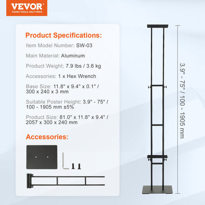 Affischstativ, justerbar höjd upp till 75", dubbelsidig Heavy Duty piedestalskylthållare, golvskylthållare Bannerstativ med stötdämpande bas för display, för skiva och skum, svart