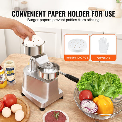 Commercial Hamburger Patty Maker, 100mm/4inch Hamburger Patty Maker, Heavy Duty Stainless Steel Food Bowl, Hamburger Press Machine, Kitchen Meat Forming Machine with 1000pcs Patty Papers