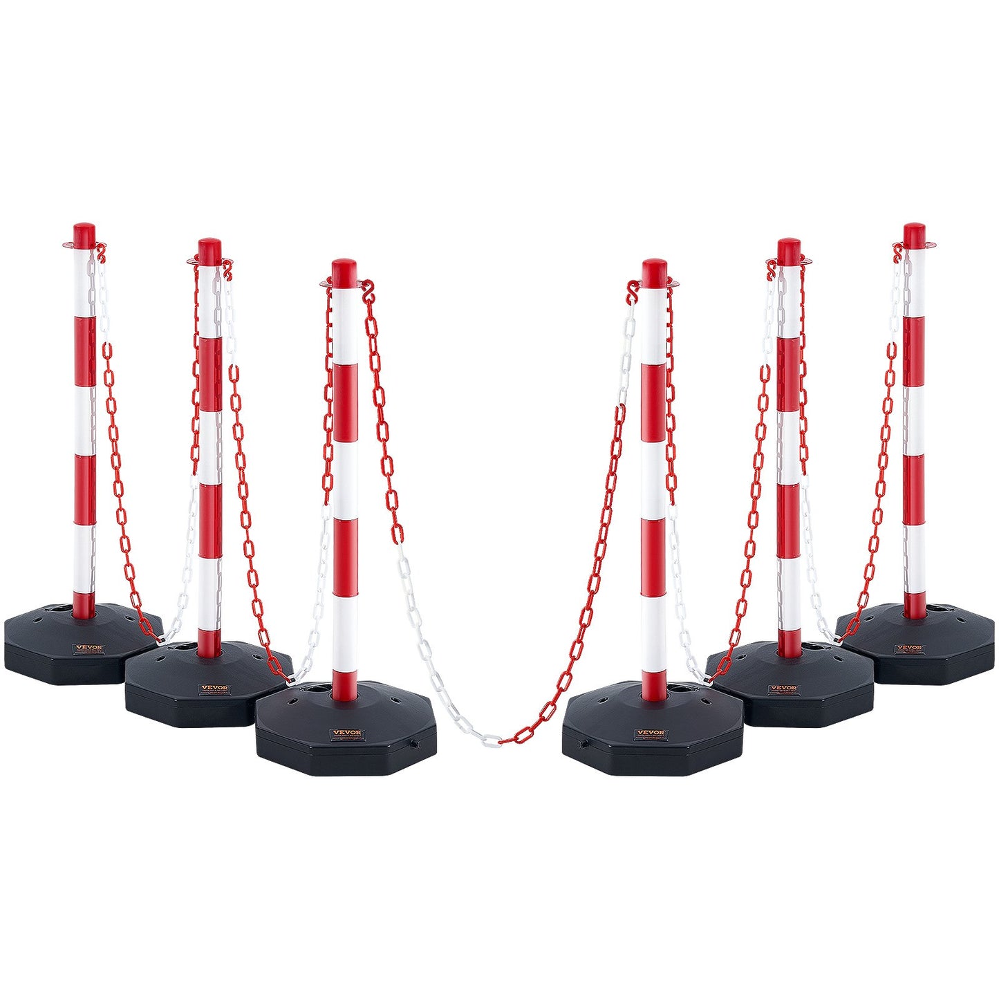 Justerbar Traffic Delineator stolpkoner, 6-pack, Trafiksäkerhetsavgränsare Barriär med fyllbar bas 6,6FT kedja, för Trafikkontroll Varning Parkeringsplats Konstruktion Varning Vägar, röd&vit