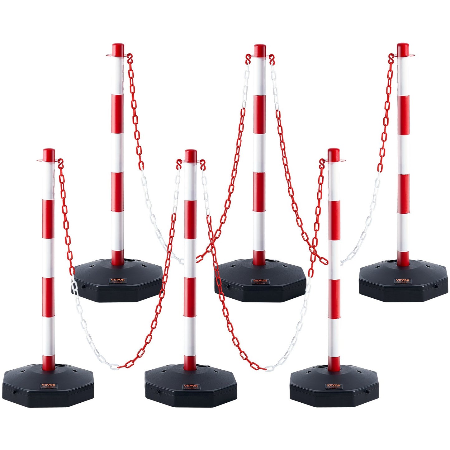 Justerbar Traffic Delineator stolpkoner, 6-pack, Trafiksäkerhetsavgränsare Barriär med fyllbar bas 6,6FT kedja, för Trafikkontroll Varning Parkeringsplats Konstruktion Varning Vägar, röd&vit