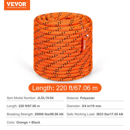 Baumkletterseil für Baumpfleger, doppelt geflochten, Polyester, 3/4 Zoll x 220 Fuß, 24 Stränge