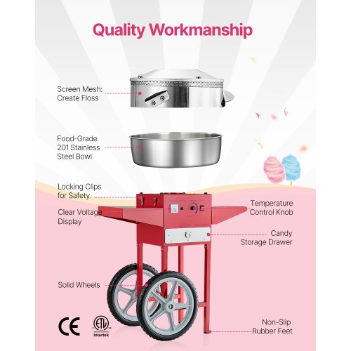 Kommerzielle Zuckerwattemaschine mit Wagen Zuckerwattemaschine 1000W Rot | EU