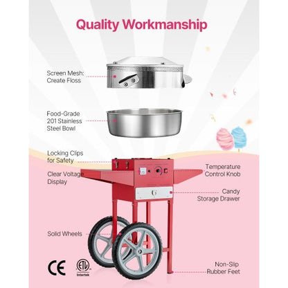 Kommerzielle Zuckerwattemaschine mit Wagen Zuckerwattemaschine 1000W Rot | EU