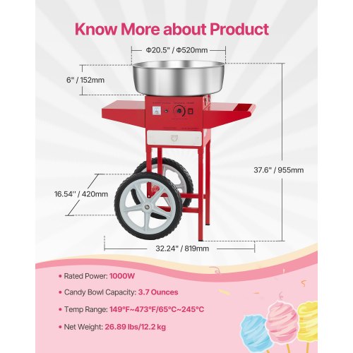 Kommerzielle Zuckerwattemaschine mit Wagen Zuckerwattemaschine 1000W Rot | EU