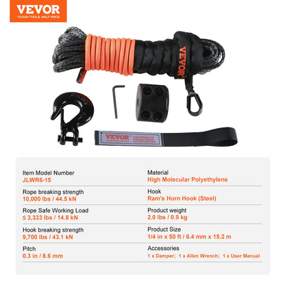 Synthetic Winch Rope, 1/4 Inch x 50 Feet 10,000 lbs Synthetic Winch Line Cable Rope with Protective Sleeve + Stopper + Forged Winch Hook + Tow Strap, Suitable for ATV, UTV, Small Vehicles, Pickup