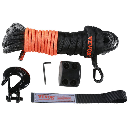 Synthetic Winch Rope, 1/4 Inch x 50 Feet 10,000 lbs Synthetic Winch Line Cable Rope with Protective Sleeve + Stopper + Forged Winch Hook + Tow Strap, Suitable for ATV, UTV, Small Vehicles, Pickup