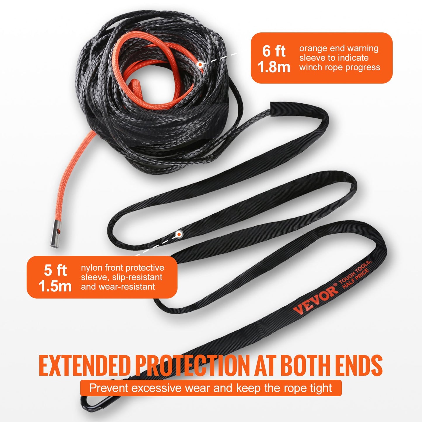 Synthetic Winch Rope, 3/8 Inch x 100 Feet 26,500 lbs Synthetic Winch Line Cable Rope with Protective Sleeve + Forged Winch Hook + Tow Strap, Universal Fit for SUV, Large Off-Road Vehicle, Truck
