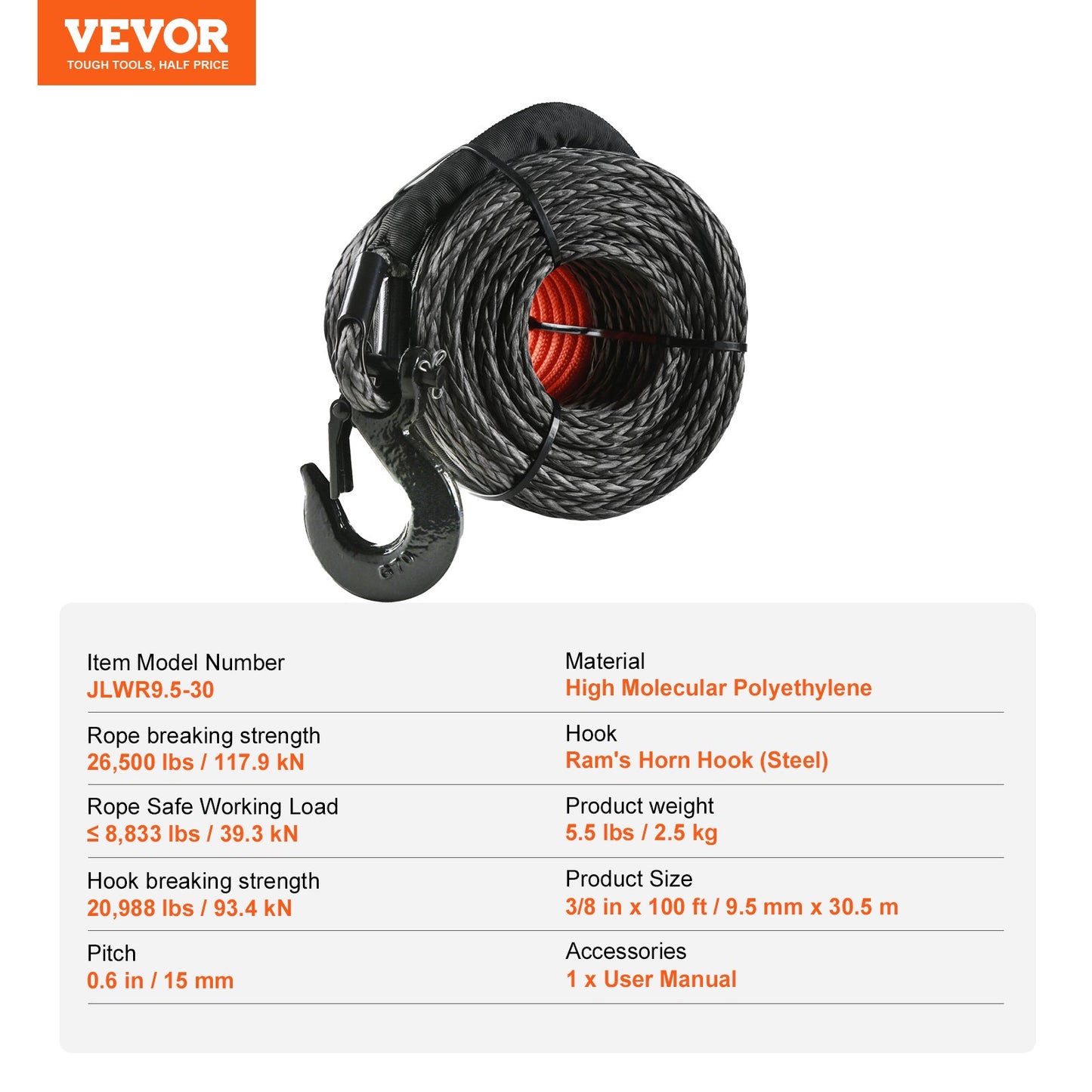 Synthetic Winch Rope, 3/8 Inch x 100 Feet 26,500 lbs Synthetic Winch Line Cable Rope with Protective Sleeve + Forged Winch Hook + Tow Strap, Universal Fit for SUV, Large Off-Road Vehicle, Truck