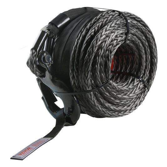 Synthetic Winch Rope, 3/8 Inch x 100 Feet 26,500 lbs Synthetic Winch Line Cable Rope with Protective Sleeve + Forged Winch Hook + Tow Strap, Universal Fit for SUV, Large Off-Road Vehicle, Truck