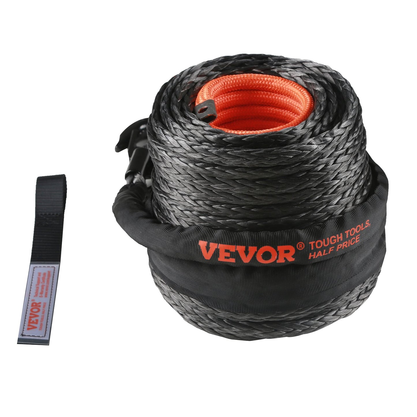 Synthetic Winch Rope, 3/8 Inch x 100 Feet 26,500 lbs Synthetic Winch Line Cable Rope with Protective Sleeve + Forged Winch Hook + Tow Strap, Universal Fit for SUV, Large Off-Road Vehicle, Truck