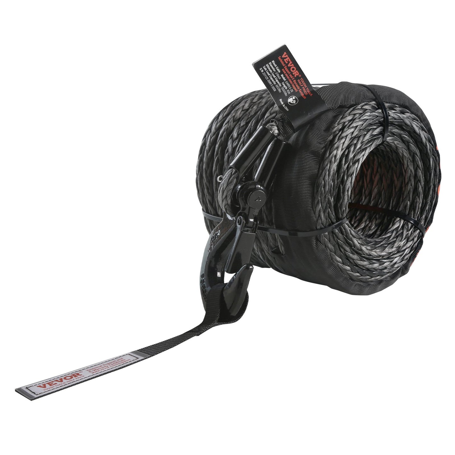 Synthetic Winch Rope, 3/8 Inch x 100 Feet 26,500 lbs Synthetic Winch Line Cable Rope with Protective Sleeve + Forged Winch Hook + Tow Strap, Universal Fit for SUV, Large Off-Road Vehicle, Truck