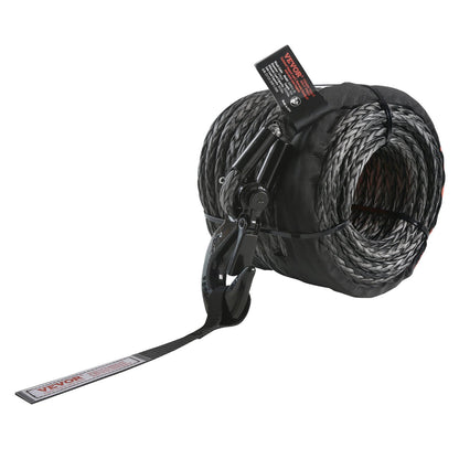 Synthetic Winch Rope, 3/8 Inch x 100 Feet 26,500 lbs Synthetic Winch Line Cable Rope with Protective Sleeve + Forged Winch Hook + Tow Strap, Universal Fit for SUV, Large Off-Road Vehicle, Truck