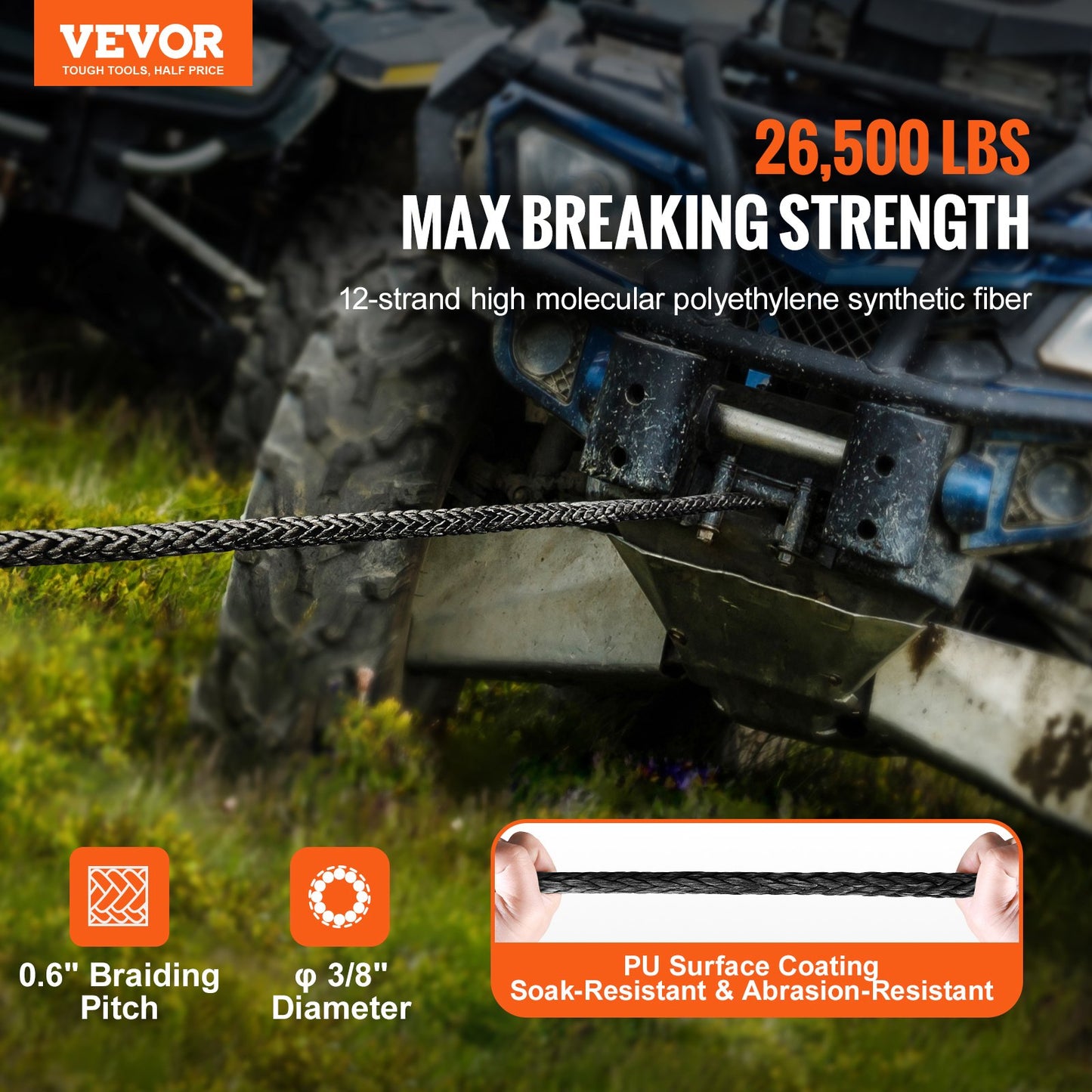 Synthetic Winch Rope, 3/8 Inch x 85 Feet 26,500 lbs Synthetic Winch Line Cable Rope with Protective Sleeve + Forged Winch Hook + Tow Strap, Universal Fit for SUV, Large Off-Road Vehicle, Truck