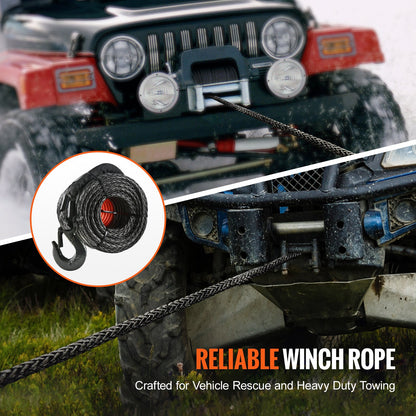 Synthetic Winch Rope, 3/8 Inch x 85 Feet 26,500 lbs Synthetic Winch Line Cable Rope with Protective Sleeve + Forged Winch Hook + Tow Strap, Universal Fit for SUV, Large Off-Road Vehicle, Truck