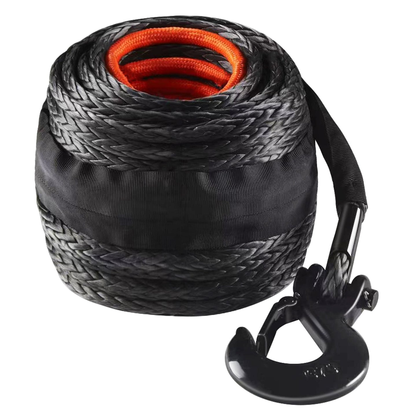 Synthetic Winch Rope, 3/8 Inch x 85 Feet 26,500 lbs Synthetic Winch Line Cable Rope with Protective Sleeve + Forged Winch Hook + Tow Strap, Universal Fit for SUV, Large Off-Road Vehicle, Truck