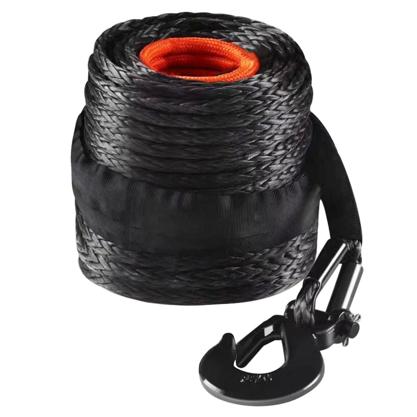 Synthetic Winch Rope, 3/8 Inch x 85 Feet 26,500 lbs Synthetic Winch Line Cable Rope with Protective Sleeve + Forged Winch Hook + Tow Strap, Universal Fit for SUV, Large Off-Road Vehicle, Truck