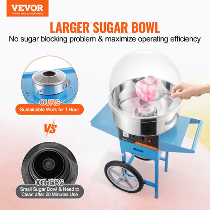 Electric Cotton Candy Maker with Cart, 1000W Commercial Candy Maker with Lid, Stainless Steel Bowl, Sugar Scoop and Box, Perfect for Home, Kids Birthday, Family Party, Blue