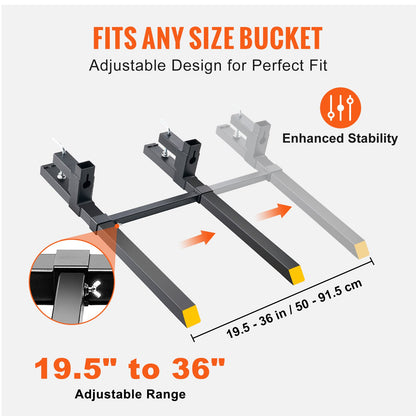 Pallet Forks, 2000 lbs Clamp On Pallet Forks, 43" Overall Length Tractor Bucket Forks with Adjustable Stabilizer Bar, Heavy Duty Pallet Forks for Tractor Attachments, Corded Steering, Load Bucket