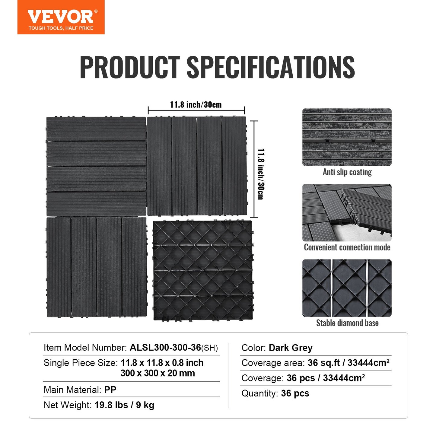 Interlocking Deck Plates 36 Pack 12"x12" Plast för veranda mörkgrå
