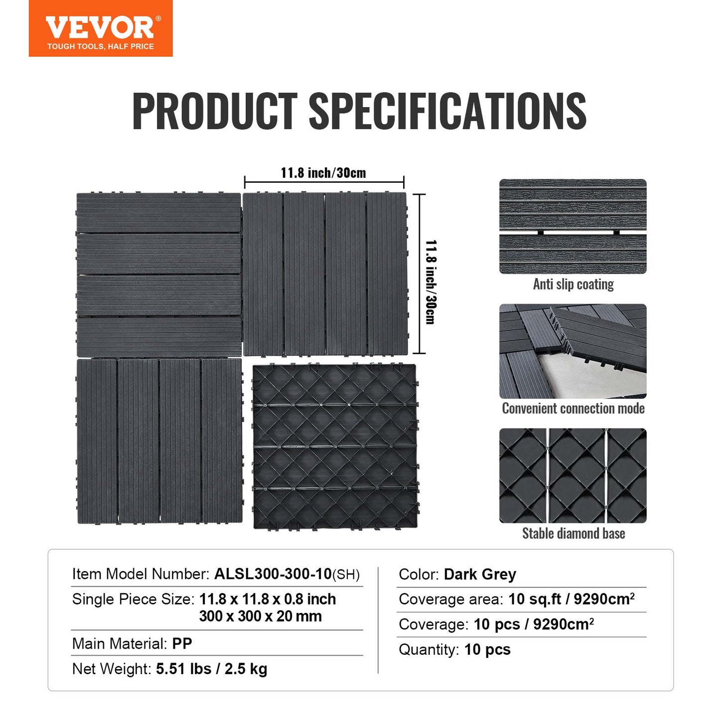Interlocking Deck Plates 10 Pack 12"x12" Plast för veranda mörkgrå