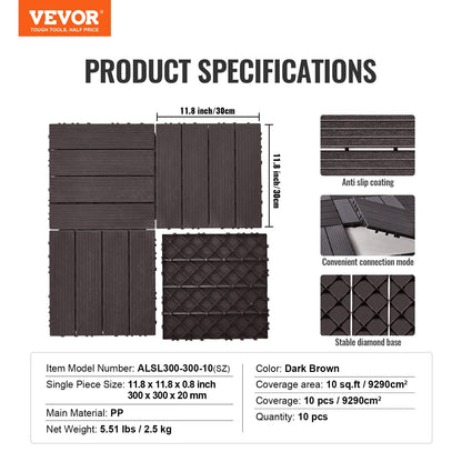 Interlocking Deck Plates 10 Pack 12"x12" Waterproof for Porch Dark Brown