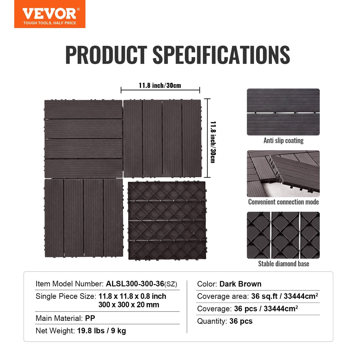 Interlocking Deck Tiles 36 Pack 12"x12" Vattentät för veranda mörkbrun