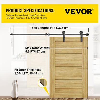 Sliding Barn Door Hardware Kit, 11FT Barn Door Kit, 330 LBS Load Bearing Double Barn Door Kit, Carbon Steel Barn Door Track, Door Stopper for 1.57-1.77" Thickness &amp; 5.5FT Wide Door Panel
