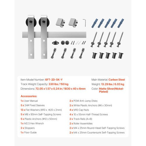6FT Sliding Door Kit for Single Sliding Door Silver | EU