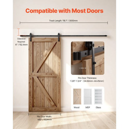 10FT Sliding Door Hardware Kit for Single J-Shape Sliding Door