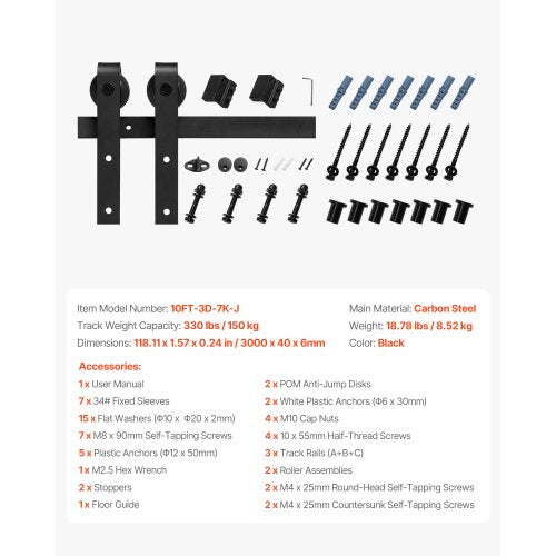 10FT Sliding Door Hardware Kit for Single J-Shape Sliding Door