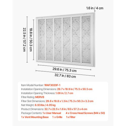 returluftfiltergaller passar kanalöppning B30 x H20 tum med filter |  EU