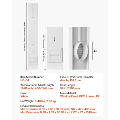 Torktumlare Ventilationsfönster Kit Passar 101,6 mm slang Justerbar för skjutbara fönster