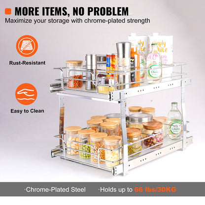 2 Tier 13"W x 21"D Pull Out Cabinet Organizer, Heavy Duty Pull Out Pantry Shelves, Roll Out Drawers Chrome Plated Steel, Sliding Storage Drawer for Inside Kitchen Cabinet, Bathroom, Under Sink
