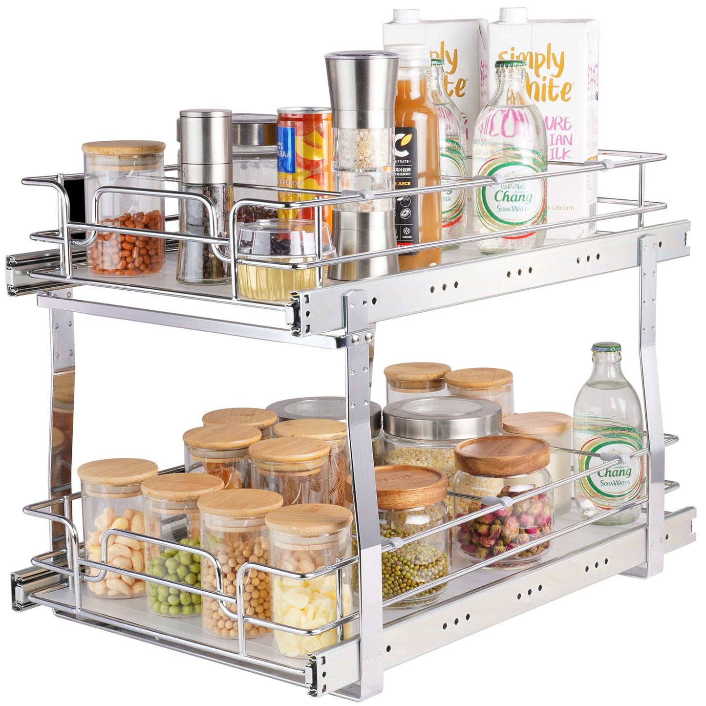 2 Tier 13"W x 21"D Pull Out Cabinet Organizer, Heavy Duty Pull Out Pantry Shelves, Roll Out Drawers Chrome Plated Steel, Sliding Storage Drawer for Inside Kitchen Cabinet, Bathroom, Under Sink