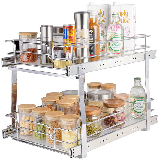 2 Tier 13"W x 21"D utdragbar skåporganisatör, Heavy Duty utskjutbara skafferihyllor, utrullningslådor förkromat stål, skjutbar förvaringslåda för invändigt köksskåp, badrum, under diskbänken