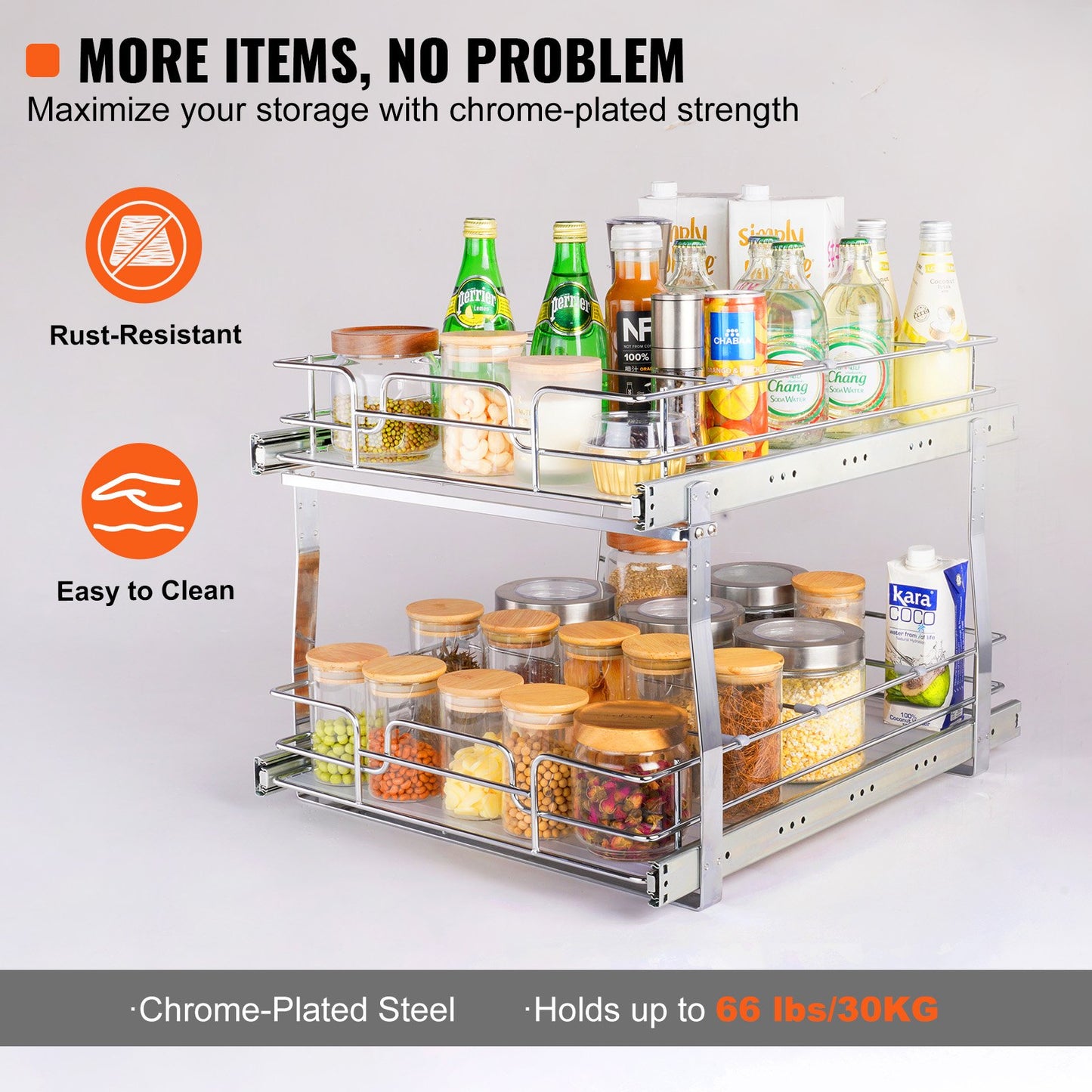 2 Tier 16"W x 21"D Pull Out Cabinet Organizer, Heavy Duty Pull Out Pantry Shelves, Chrome Plated Steel Roll Out Drawers, Sliding Storage for Inside Kitchen Cabinet, Bathroom, Under Sink