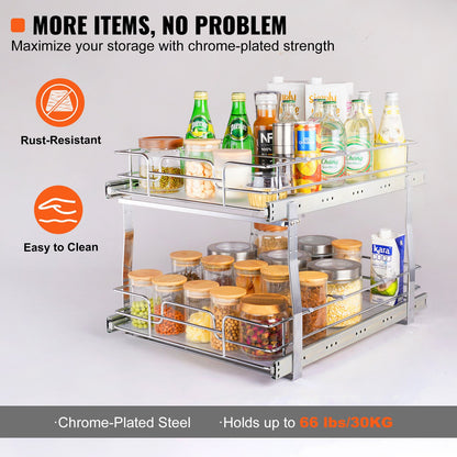 2 Tier 16"W x 21"D Pull Out Cabinet Organizer, Heavy Duty Pull Out Pantry Shelves, Chrome Plated Steel Roll Out Drawers, Sliding Storage for Inside Kitchen Cabinet, Bathroom, Under Sink