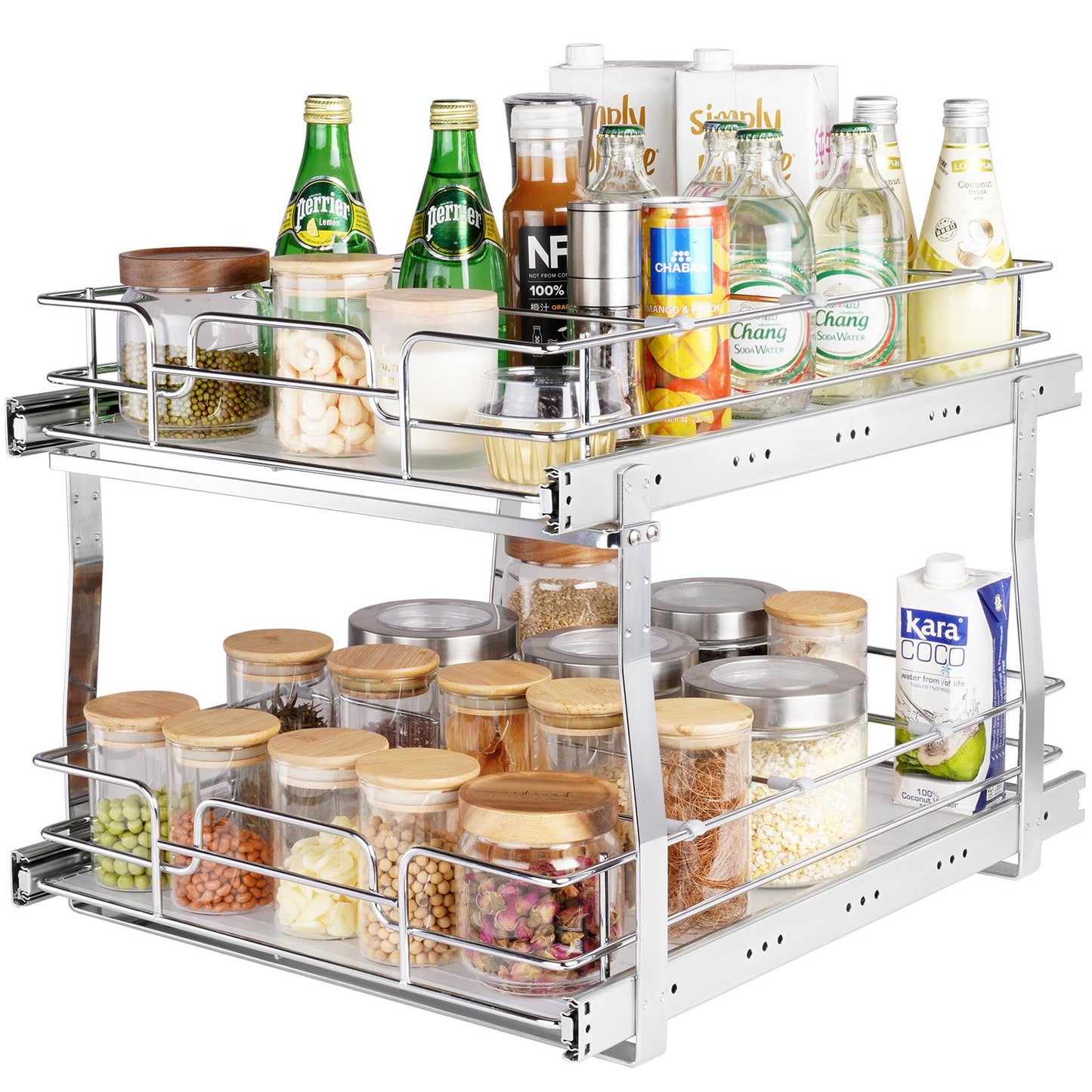 2 Tier 16"W x 21"D Pull Out Cabinet Organizer, Heavy Duty Pull Out Pantry Shelves, Chrome Plated Steel Roll Out Drawers, Sliding Storage for Inside Kitchen Cabinet, Bathroom, Under Sink