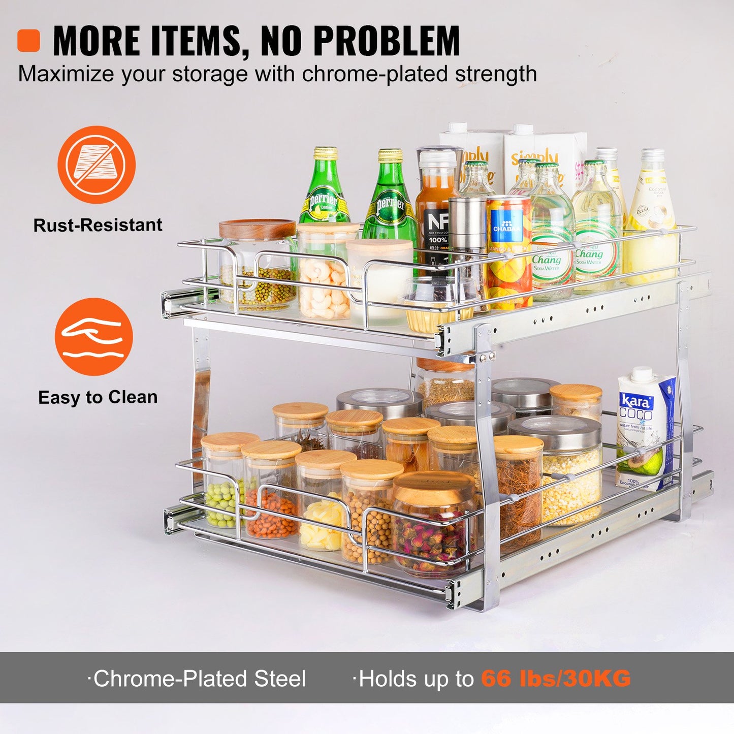 2 Tier 19"W x 20"D Pull Out Cabinet Organizer, Heavy Duty Pull Out Pantry Shelves, Roll Out Drawers Chrome Plated Steel, Sliding Drawer Storage for Inside Kitchen Cabinet, Bathroom, Under Sink