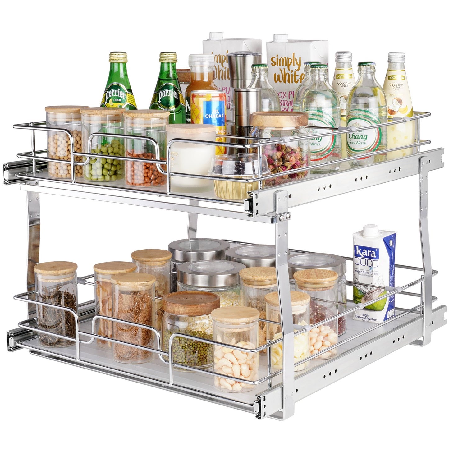 2 Tier 19"W x 20"D Pull Out Cabinet Organizer, Heavy Duty Pull Out Pantry Shelves, Roll Out Drawers Chrome Plated Steel, Sliding Drawer Storage for Inside Kitchen Cabinet, Bathroom, Under Sink