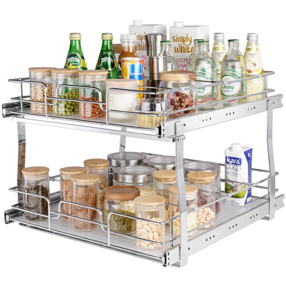 2 Tier 19"W x 20"D Pull Out Cabinet Organizer, Heavy Duty Pull Out Pantry Shelves, Roll Out Drawers Chrome Plated Steel, Sliding Drawer Storage for Inside Kitchen Cabinet, Bathroom, Under Sink