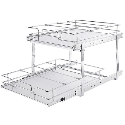 2 Tier 19"W x 20"D Pull Out Cabinet Organizer, Heavy Duty Pull Out Pantry Shelves, Roll Out Drawers Chrome Plated Steel, Sliding Drawer Storage for Inside Kitchen Cabinet, Bathroom, Under Sink