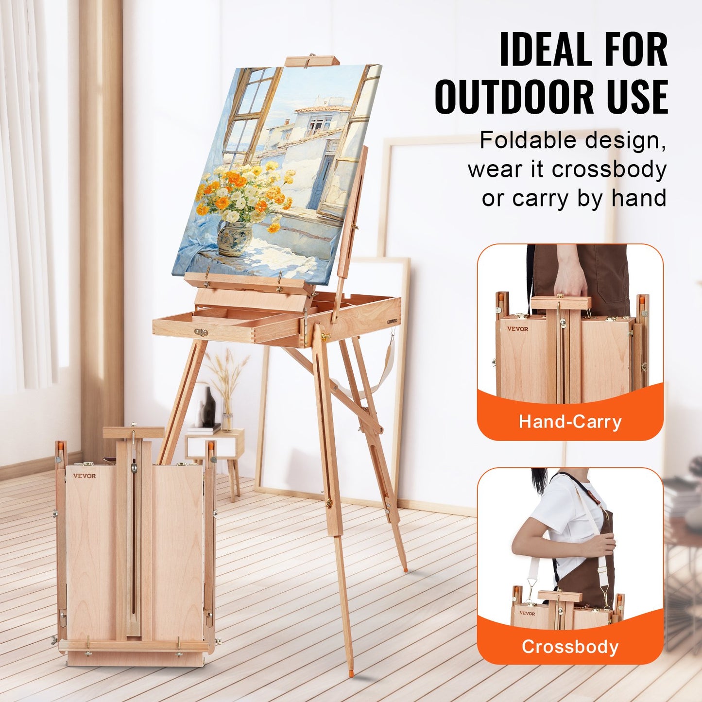 Franskt staffli Håll canvas till 34" bokträ hopfällbar Sketchbox stafflilåda