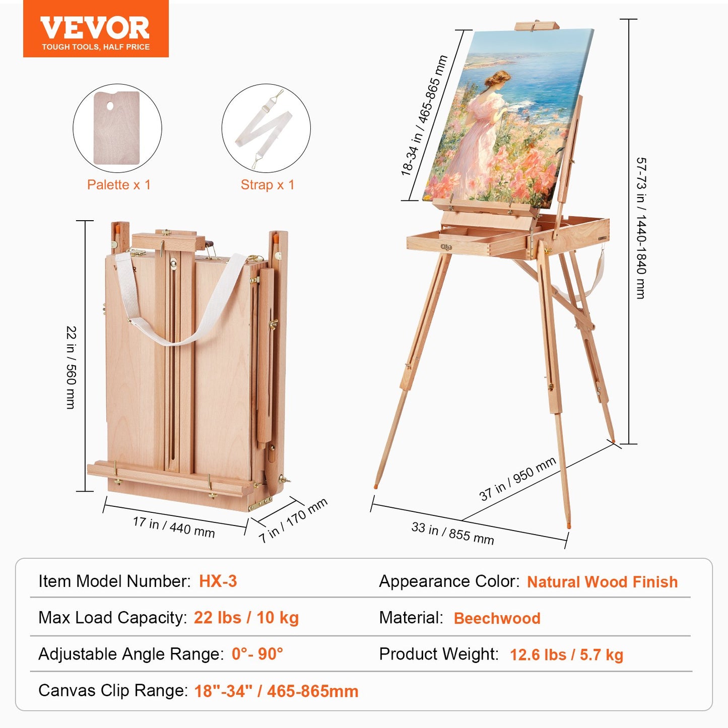 Franskt staffli Håll canvas till 34" bokträ hopfällbar Sketchbox stafflilåda