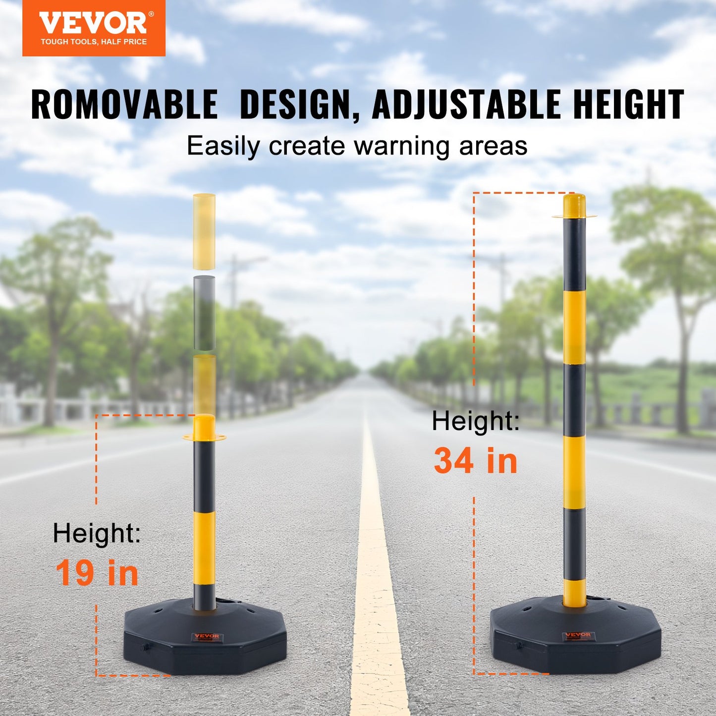 Justerbar Traffic Delineator stolpkoner, 6-pack, Trafiksäkerhetsavgränsare Barriär med fyllbar bas 8FT kedja, för Trafikkontroll Varning Parkeringsplats Konstruktion Varning Vägar, gul&svart