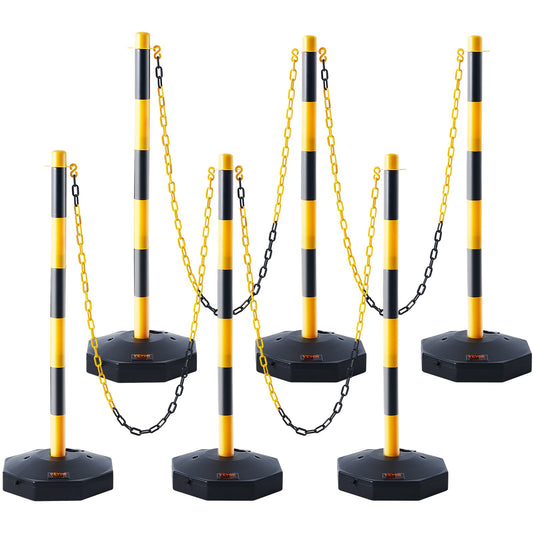 Justerbar Traffic Delineator stolpkoner, 6-pack, Trafiksäkerhetsavgränsare Barriär med fyllbar bas 8FT kedja, för Trafikkontroll Varning Parkeringsplats Konstruktion Varning Vägar, gul&svart