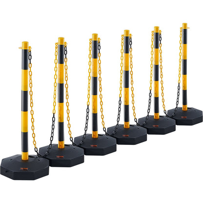 Justerbar Traffic Delineator stolpkoner, 6-pack, Trafiksäkerhetsavgränsare Barriär med fyllbar bas 8FT kedja, för Trafikkontroll Varning Parkeringsplats Konstruktion Varning Vägar, gul&svart
