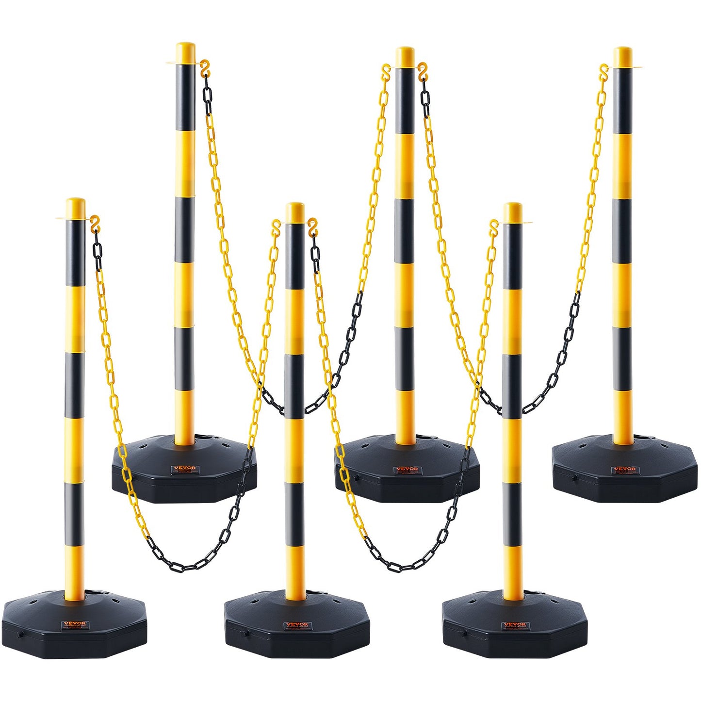 Justerbar Traffic Delineator stolpkoner, 6-pack, Trafiksäkerhetsavgränsare Barriär med fyllbar bas 8FT kedja, för Trafikkontroll Varning Parkeringsplats Konstruktion Varning Vägar, gul&svart