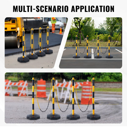 Justerbar Traffic Delineator stolpkoner, 4-pack, Trafiksäkerhetsavgränsare Barriär med fyllbar bas 8FT kedja, för Trafikkontroll Varning Parkeringsplats Konstruktion Varning Vägar, gul&svart