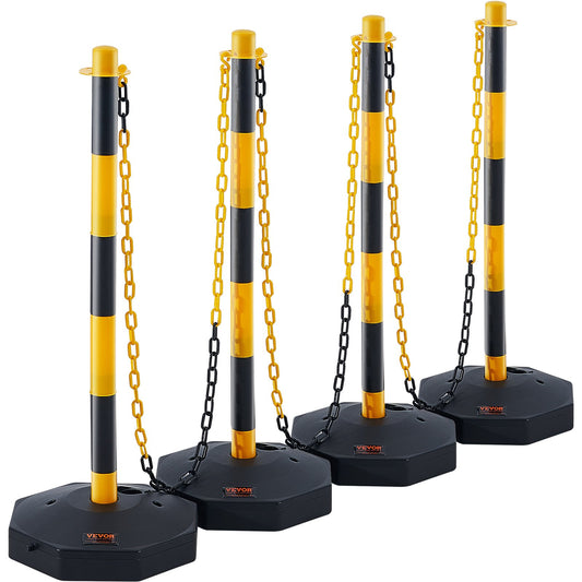 Justerbar Traffic Delineator stolpkoner, 4-pack, Trafiksäkerhetsavgränsare Barriär med fyllbar bas 8FT kedja, för Trafikkontroll Varning Parkeringsplats Konstruktion Varning Vägar, gul&svart